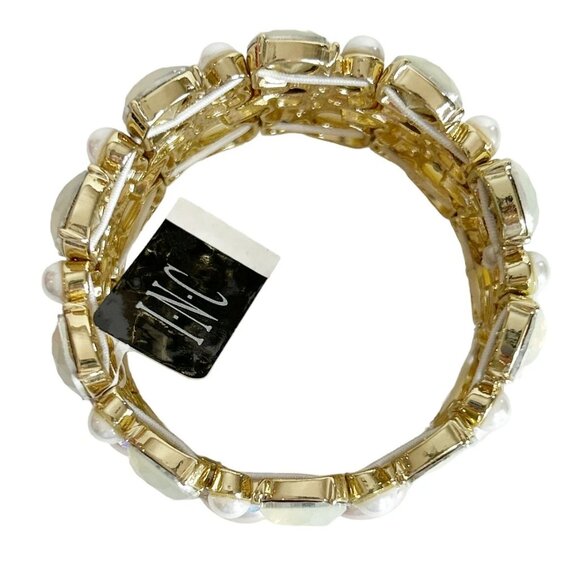 INC GoldTone Faux Pearl Crystal White Stone Cluster Stretch Bracelet New w/ Tags - Picture 6 of 7